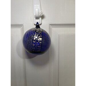 Handblown Cobalt Blue & Gold Design Round Ornament Ball Holiday Corning Glass
